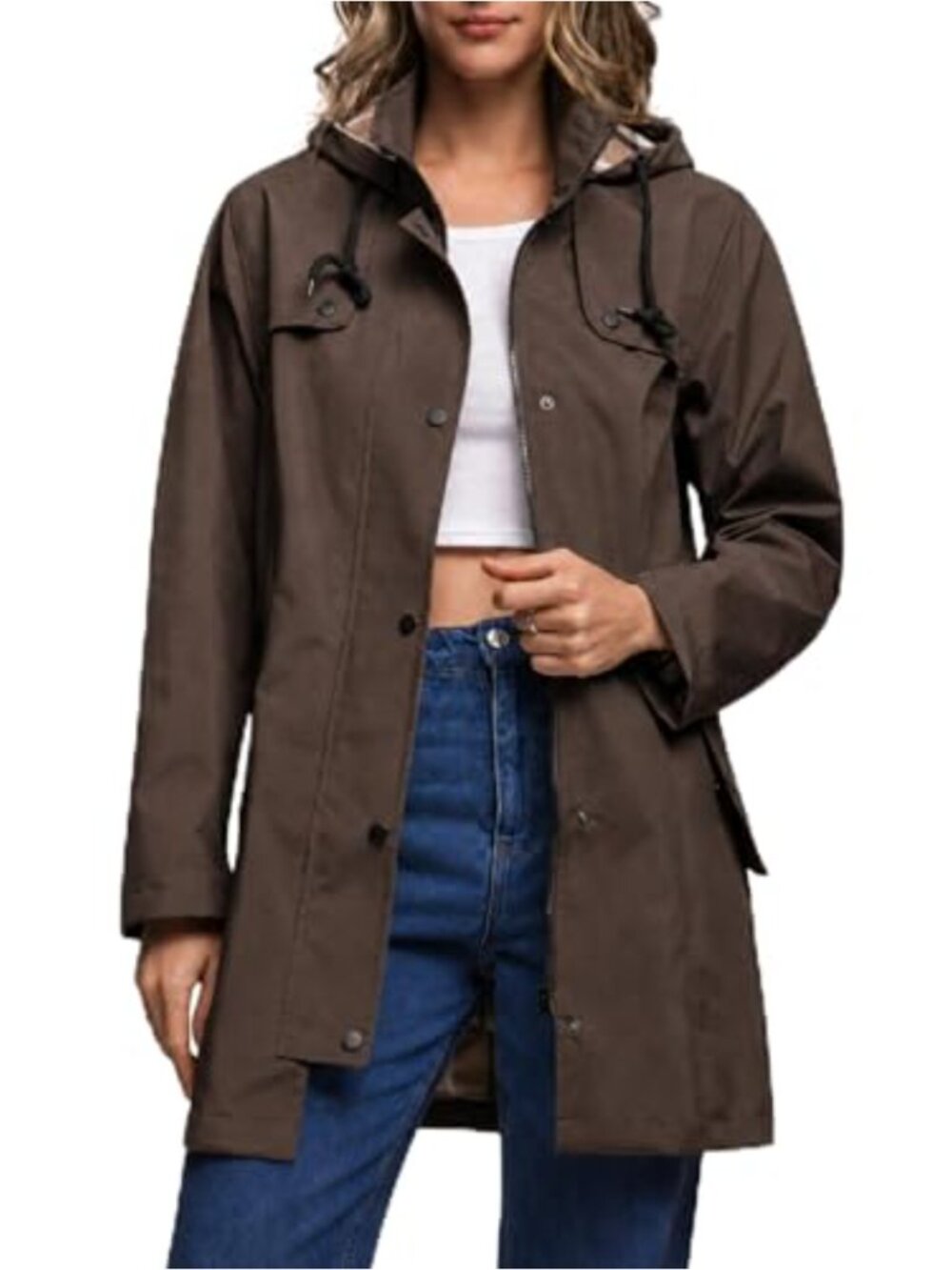 Women's Waterproof Raincoat Hooded Lightweight Trench with Plaid Lining